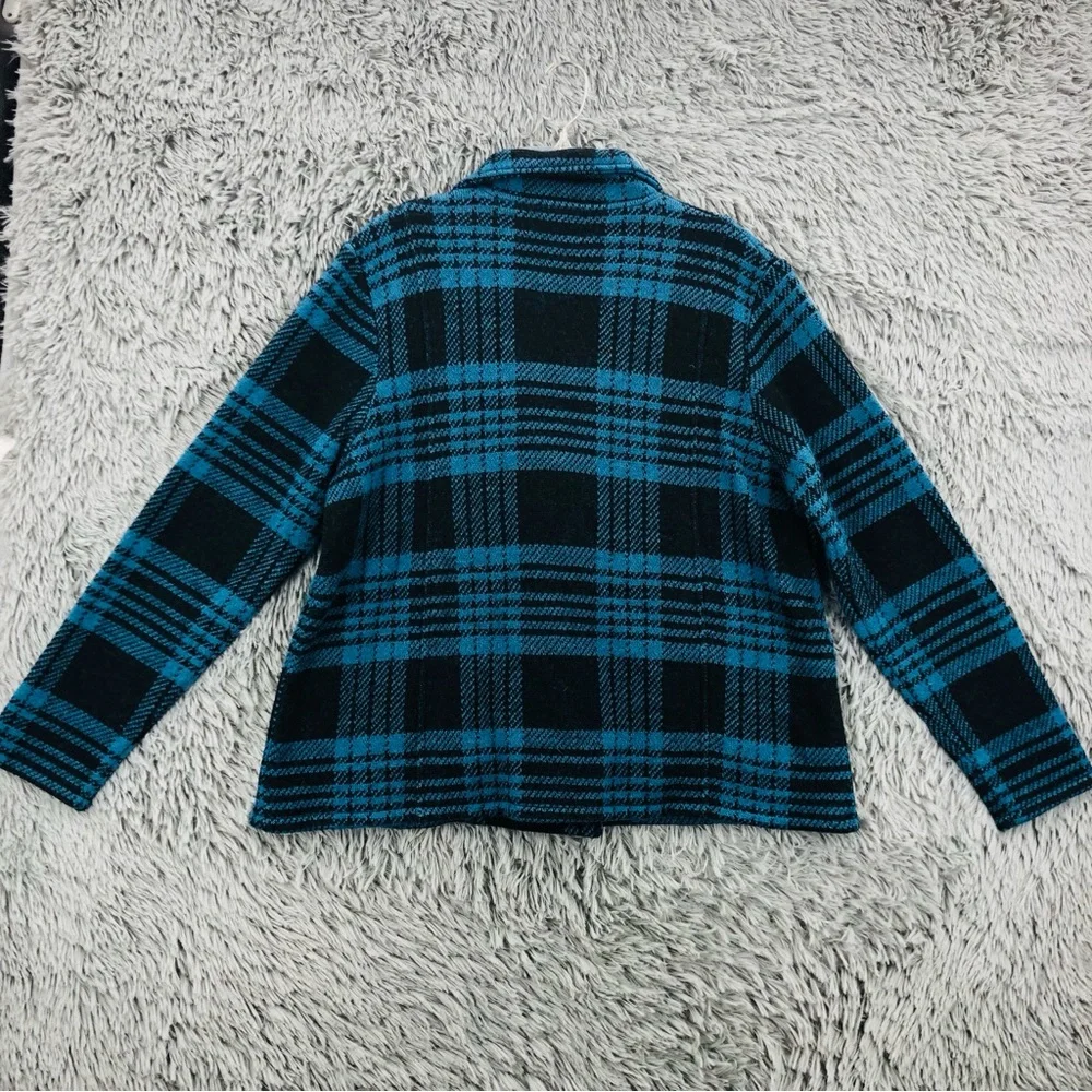 Keren Hart Peacoat Womens XL Wool Plaid Blue Black Pockets Pea Coat